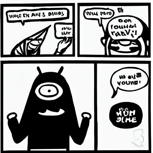 Prompt: silly cartoon comic, character with a paper bag on head, wearing a hoodie, dialogue bubbles, four panels, black and white, drawn in pen on cream colored parchment paper, 4k