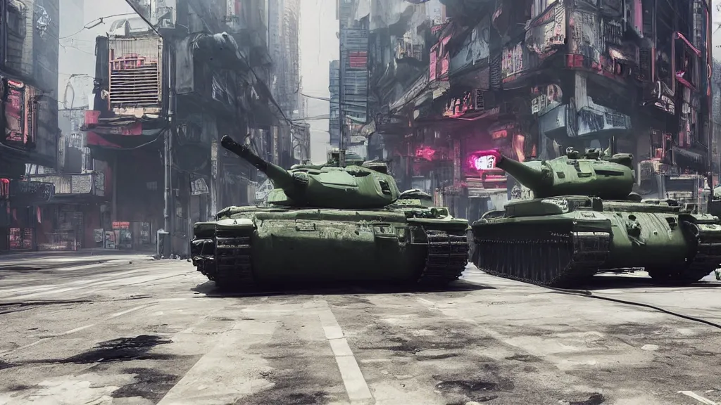 Prompt: a tank in the middle of a street cyberpunk