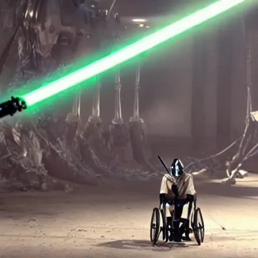 Image similar to General Grievous in a wheelchair with 4 lightsabers, photo from star wars the prequel,