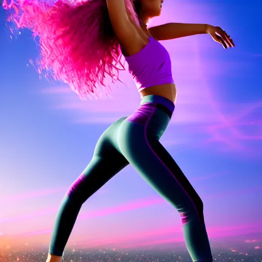 Image similar to a award winning half body shot of a beautiful woman in a croptop and leggings with a ombre purple pink teal hairstyle with head in motion and hair flying, outrun, vaporware, highly detailed, fine detail, intricate