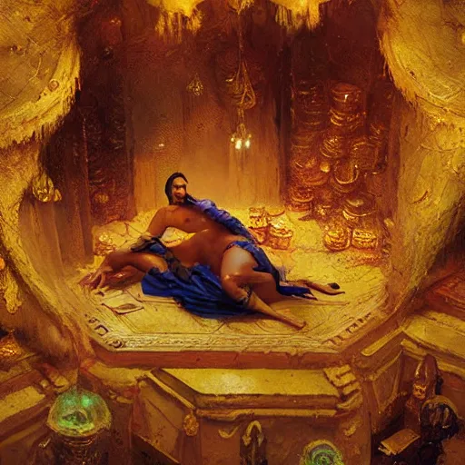 Prompt: djinn sleeping in a treasure chamber on piles of gold, oil painting, by greg rutkowski