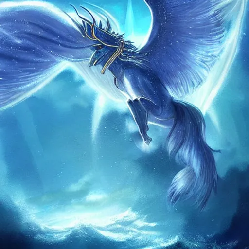 Prompt: a beautiful, celestial, oceanic drakopegasus rising from the sea toward the stars, fantasy art,