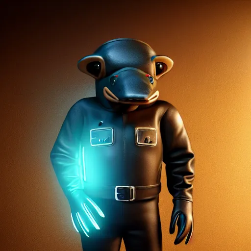 Prompt: a sweet anthro!! Platypus wearing leather clothes and doing the peace sign standing in front of a dive bar. cinematic, hyper realism, high detail, octane render, 8k, iridescent accents, render, trending on artstation, very coherent symmetrical artwork.