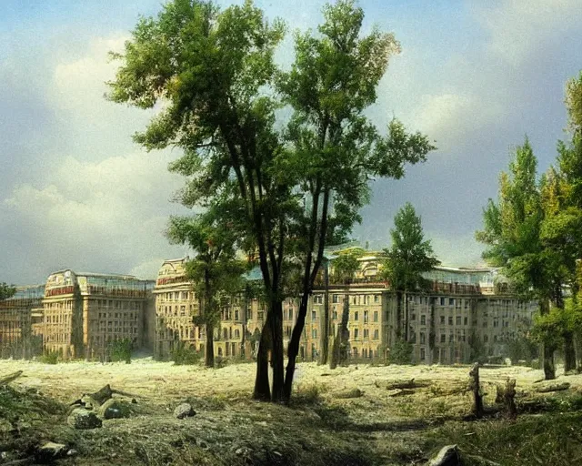 Image similar to beautiful matte painting of cute soviet block of flats hrushevka in end of forest by ivan shishkin,