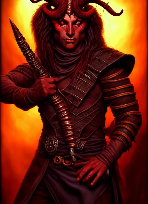 Prompt: tiefling bard, full body, hyper realistic, extremely detailed, dnd character art portrait, dark fantasy art, intricate fantasy painting, dramatic lighting, vivid colors, deviantart, artstation, by larry elmore.