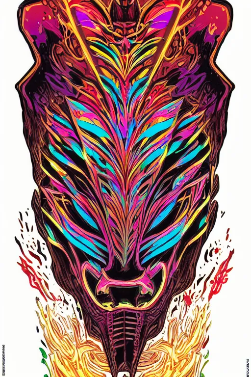 Image similar to animal mask totem roots flower tribal feather gemstone plant wood rock shaman vodoo video game vector illustration vivid multicolor borderlands comics by josan gonzales and dan mumford radiating a glowing aura