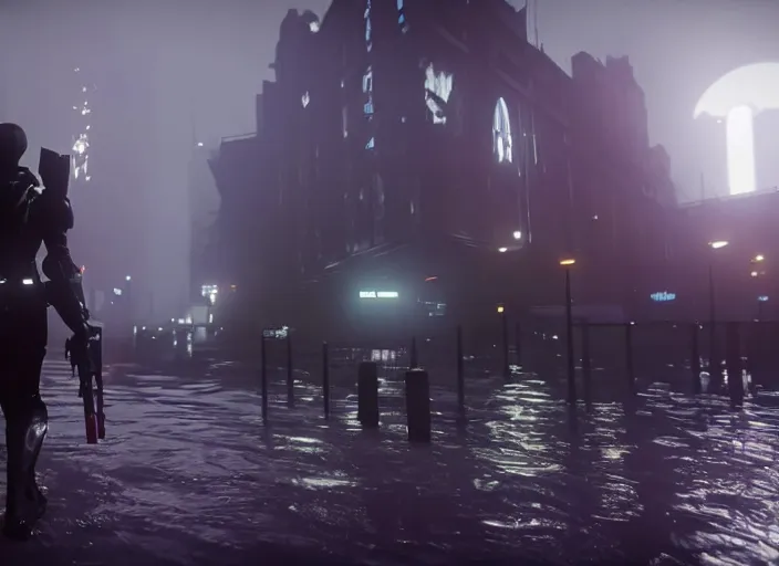 Image similar to 4k 60fps in-game Destiny 2 gameplay showcase, dark, misty, foggy, flooded, rainy manhattan street in Destiny 2, liminal, dark, dystopian, large creatures in distance, abandoned, highly detailed