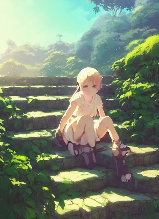 Image similar to girl sitting on a stone stair under a vine rack, illustration concept art anime key visual trending pixiv fanbox by wlop and greg rutkowski and makoto shinkai and studio ghibli