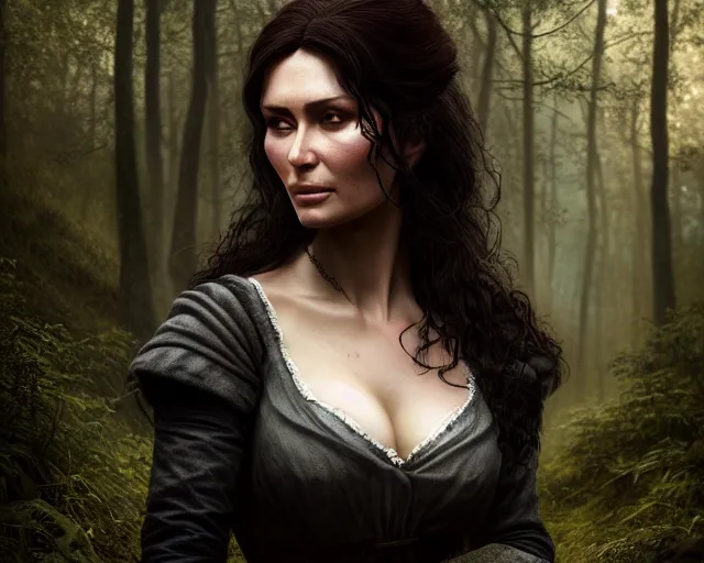 Image similar to 5 5 mm portrait photo of olga kurilenko as real life tough looking yennefer of vengerberg, in a forest. magical atmosphere. art by greg rutkowski. highly detailed 8 k. intricate. lifelike. soft light. nikon d 8 5 0.