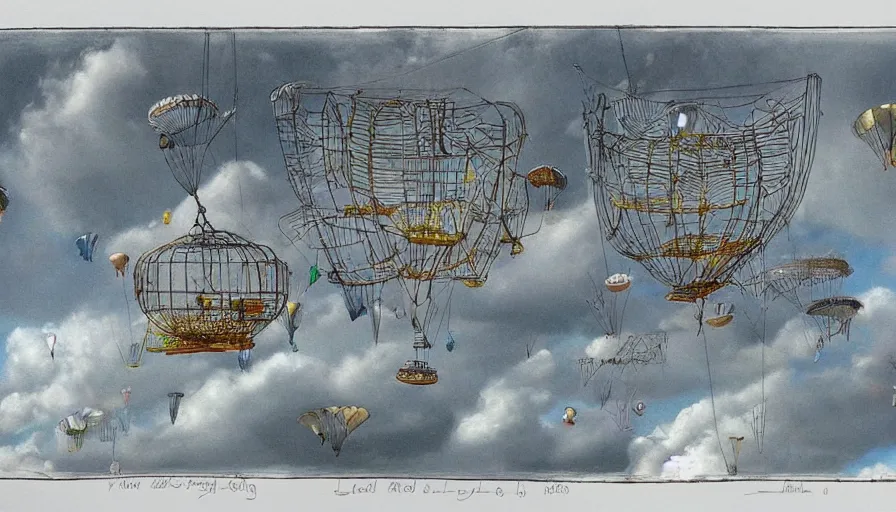 Image similar to an inflated stainless steel chrome birdcage in the clouds, people are hanging from kites by steel cables. Oil rigs in the sky. Intricate technical drawing. Colored pencil. Mammatus clouds. Ornate, brilliant, utopian, detailed, Golden ratio, solarpunk technology by Lebbeus Woods