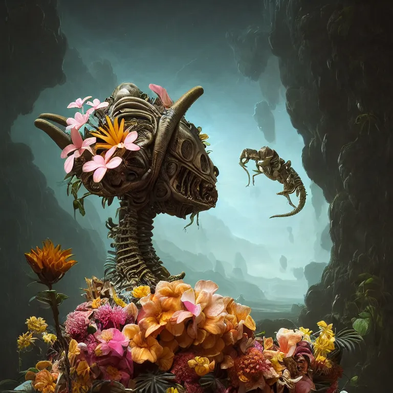 Image similar to still life of alien animal covered with tropical flowers, wide shot, soft glow bloom lucid dream - like ethereal atmosphere, baroque portrait painting, perfect composition, beautiful intricate detailed octane render trending on artstation, 8 k artistic photography, volumetric cinematic perfect light, chiaroscuro, masterpiece, raphael, caravaggio, rutkowski, beeple, beksinski