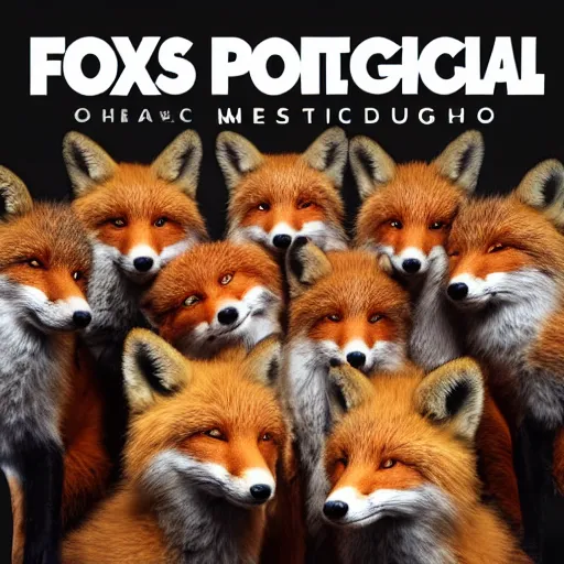 Image similar to photorealistic music album cover, with foxes animals wearing clothes, all looking at camera, studio lighting, award winning photograph, 8 5 mm f / 1. 4