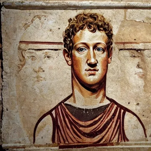 Image similar to photo of an ancient roman fresco on a wall in an ancient villa : mark zuckerberg as a roman noble senator. dressed in a toga. serious facial expressiondetailed, intricate artwork. well - preserved but faded