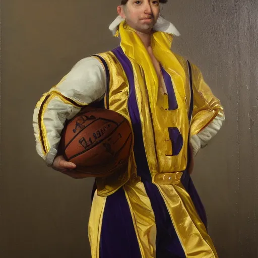 Image similar to official portrait of the los angeles lakers dictator, 1 7 8 0, in full lakers military garb. oil on canvas by william sidney mount, oil on canvas, octane render