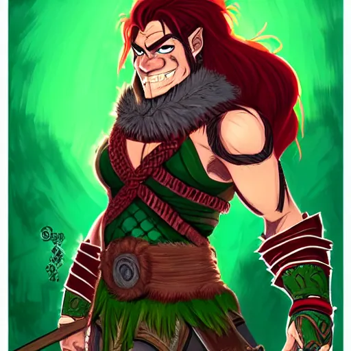 Prompt: half orc barbarian with red braided hairstyle and with skkin that is green, wearing brown leather armor, illustration by rossdraws