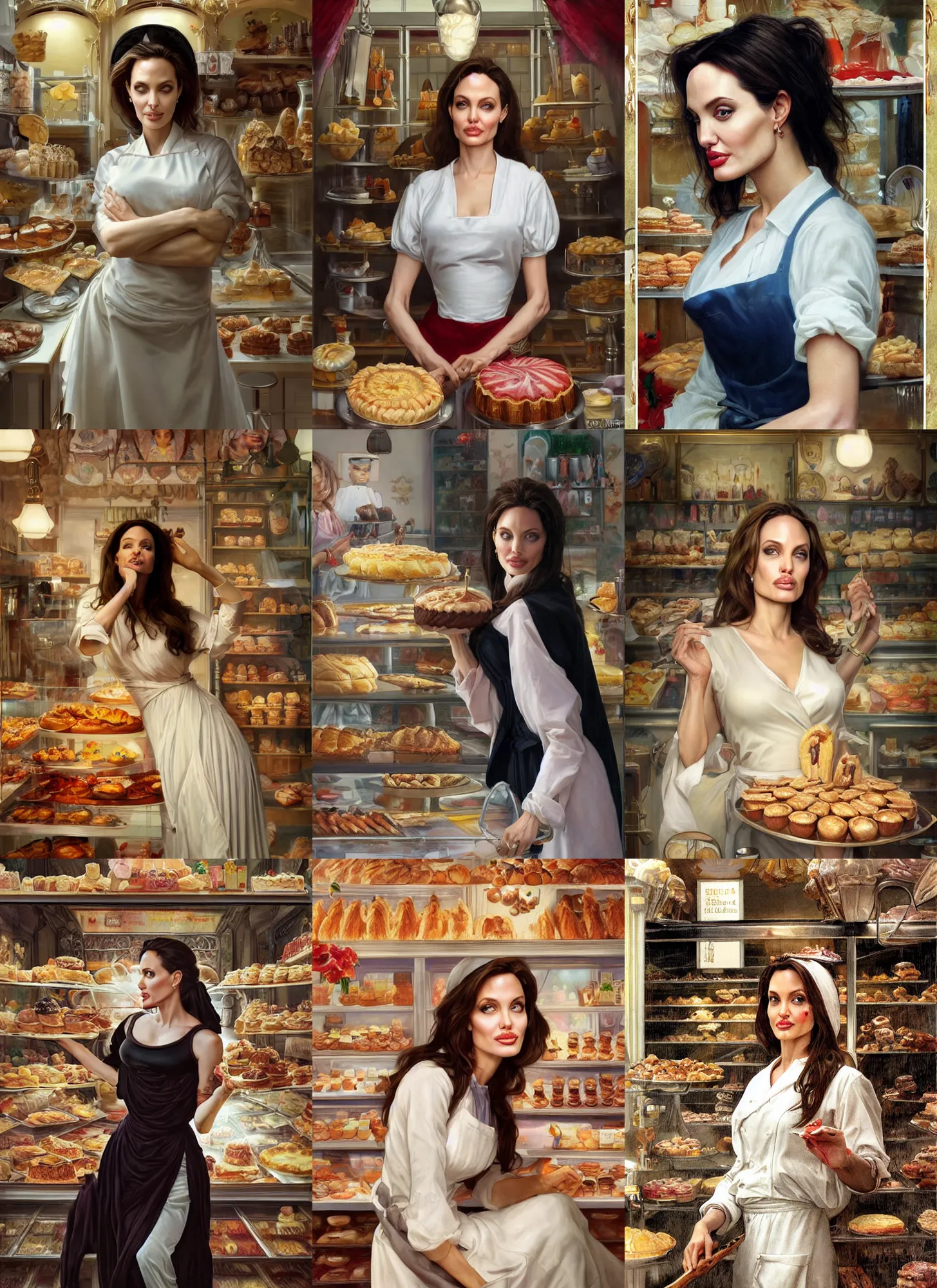 Prompt: portrait angelina jolie as confectioner in a pastry shop, full length shot, shining, 8 k highly detailed, sharp focus, illustration, art by artgerm, mucha, bouguereau