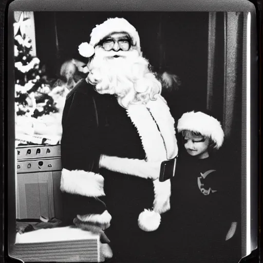 Image similar to 1972 polaroid flash photo of Santa Claus surprised on Christmas Eve