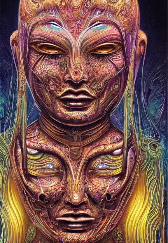 Image similar to perfectly centered portrait, front view of a beautiful biomechanical alien android robot buddha, female, flowing hair, intense stare, sarcastic smile, symmetrical, concept art, intricate detail, psychedelic colors, volumetric shadows and lighting, realistic oil painting by alex grey and h. r giger,