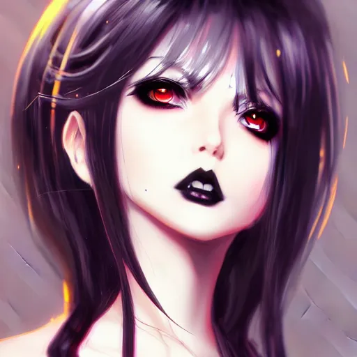 Image similar to front-facing headshot of a young gothic anime woman with black hair and golden highlights, wearing pretty makeup, drawn by WLOP, anime portrait, trending on artstation