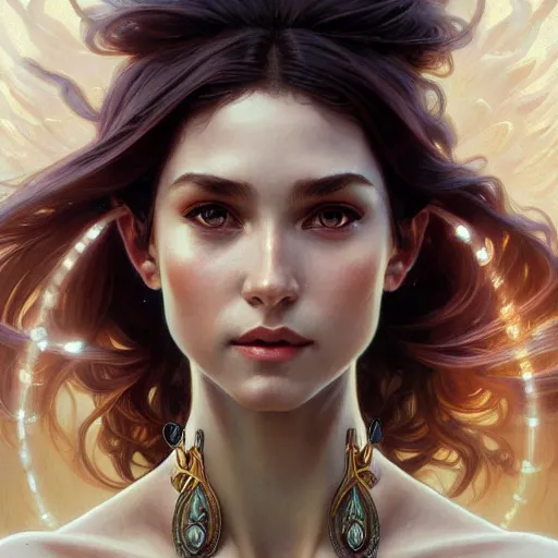 Image similar to portrait of a goddess of elemental lightning, half body, perfect face, d & d, fantasy, intricate, elegant, highly detailed, digital painting, artstation, concept art, smooth, sharp focus, illustration, art by artgerm and greg rutkowski and alphonse mucha