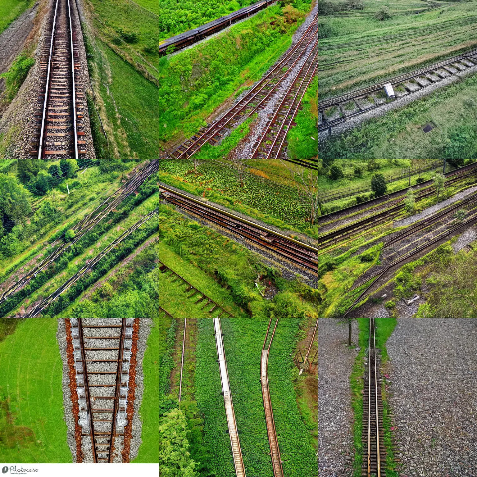 Prompt: isolated train tracks with a apple tree on the side, bird - eye view, long shot, eeire, morbid, uncanny, unsettling