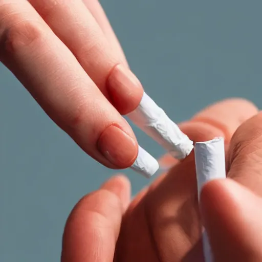 Prompt: Close-up of hyperrealistic female hand holding cigarette with smoke, white background, 4K