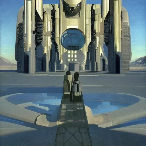 Image similar to dreamy landscape. science fiction. cinematic sci - fi scene. symmetry. accurate anatomy. science fiction theme. brutalism. intricate detail. epic. intimidating. retrofuturism. winter light. monsters. art by john singer sargent - akira toriyama - joaquin sorolla - ralph mcquarrie - kev walker