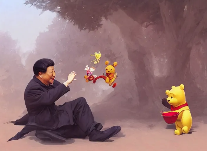 Prompt: portrait of Xi Jinping playing with Winnie the Pooh in a trashy Chinese dirt poor temple, beta weak male, digital painting, concept art, smooth, sharp focus, illustration, from Metal Gear, by Ruan Jia and Mandy Jurgens and William-Adolphe Bouguereau, Artgerm