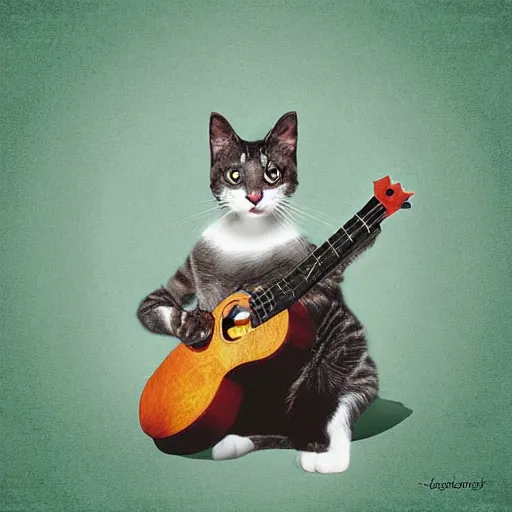 Prompt: variations of Schrodinger's cat playing the ukelele, many-worlds interpretation of quantum reality, digital art,