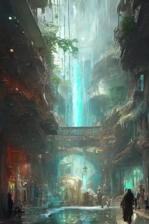 Image similar to inside the antique street of atlantis the city of water, waterfall, intricate, elegant, volumetric lighting, digital painting, highly detailed, artstation, sharp focus, illustration, concept art, ruan jia, steve mccurry