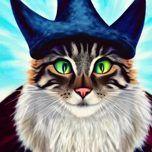 Image similar to beautiful artistic work of art realistic cinematic masterpiece where a cat comes out with a witch hat