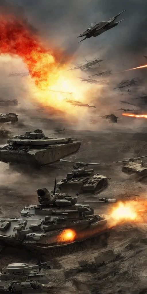 Image similar to concept art, world war iii, war scenes, ultra wide angle, unmanned aerial vehicles, unmanned armored vehicles, unmanned tanks, soldiers'remote command operations, launch kinetic energy weapons, launch tracking missiles, armor piercing missiles, drag light bombs, backlight, future technology, smooth lines, high detail, 8 k, octane rendering, unreal engine.