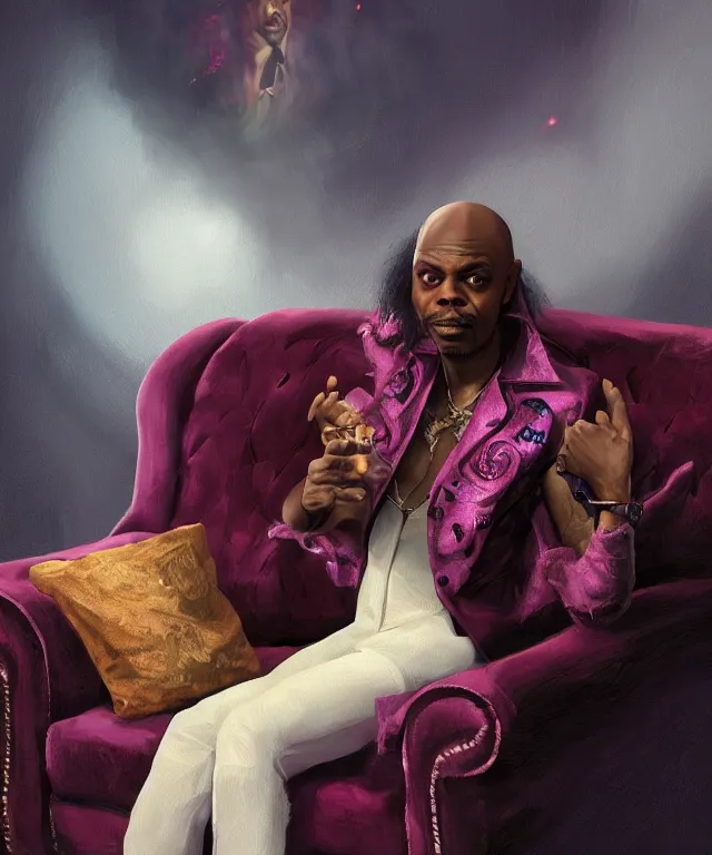 Image similar to dave chappelle, cinematic, as rick james, on a velvet couch, elegant, highly detailed, digital painting, artstation, smooth, hard focus, illustration, art by jessica rossier and and brian froud