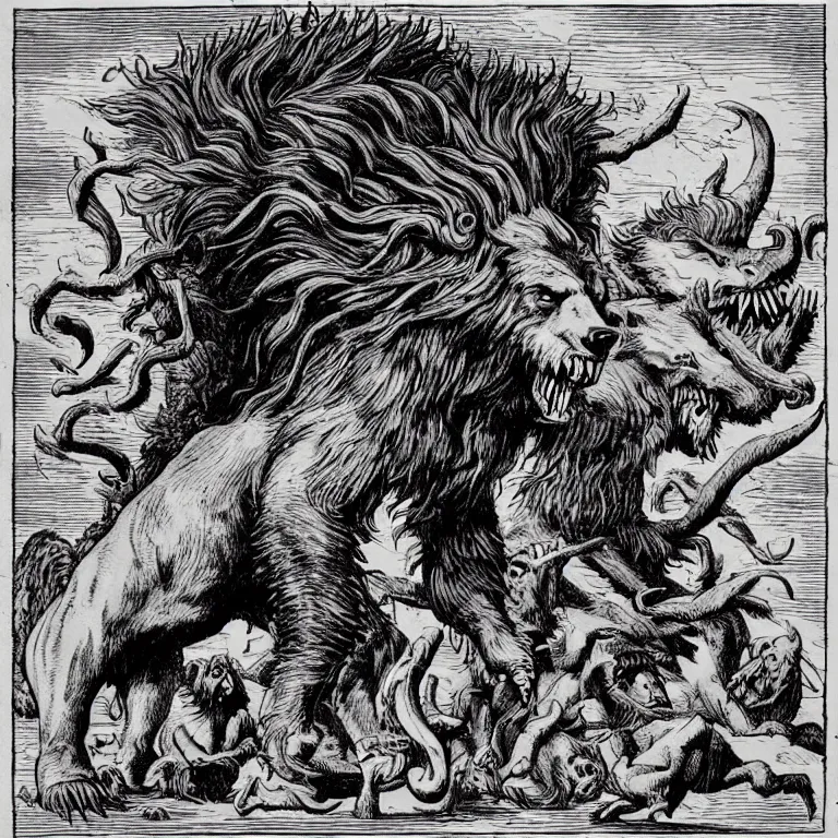 Prompt: a beast rise up out of the sea, having seven heads and ten horns, and upon his horns ten crowns, and his feet were as the feet of a bear, and his mouth as the mouth of a lion.