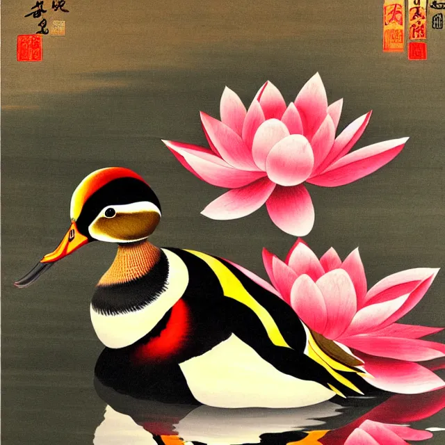 Prompt: a beautiful painting the mandarin duck in the lotus, by zhang daqian painting