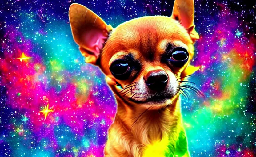 Prompt: Cosmic Chihuahua, colossal cute dog swimming the colorful nebulae, canine galaxy, dog star.