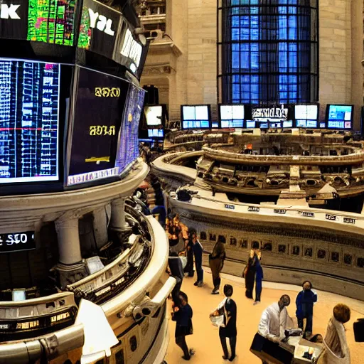 Prompt: stock market bull run, everyone makes money, dollar bills, celebration, laptop stock charts, high detail, ultra realistic, photo of ny stock exchange, 8 k