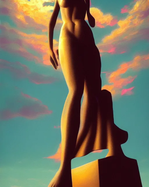 Image similar to a painting of a woman standing in front of a statue, a screenshot by stanley twardowicz, cgsociety, aestheticism, aesthetic, vaporwave, anime aesthetic