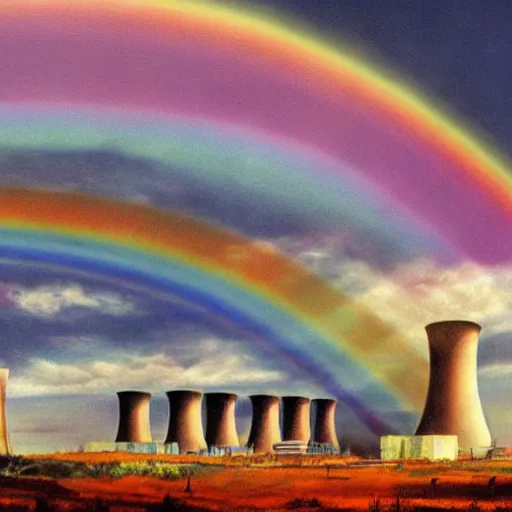 Image similar to A Masterpiece Landscape of a broken down nuclear power station, Nuclear blast imminent, nuclear reactor going critical. Rainbow Color Scheme