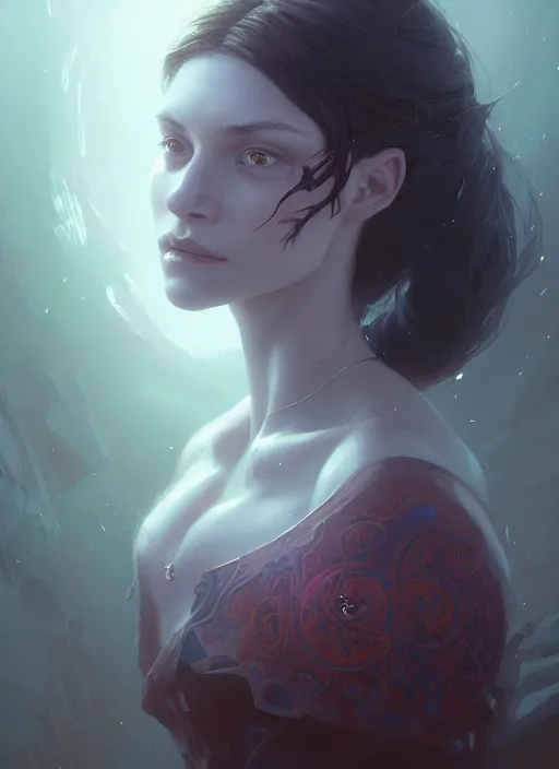 Prompt: Highly detailed necrotic portrait of a woman, Stephen Bliss, unreal engine, fantasy art by Greg Rutkowski, Loish, Rhads, Makoto Shinkai and Lois van baarle, ilya kuvshinov, rossdraws, Tom Bagshaw, global illumination, radiant light, detailed and intricate environment