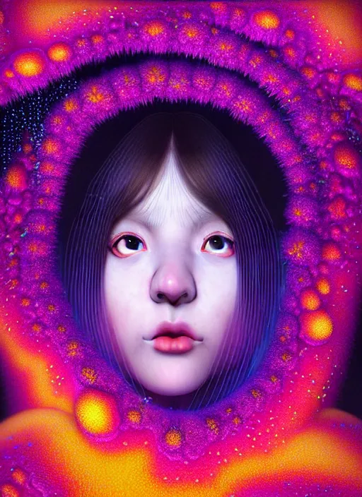 Prompt: hyper detailed 3d render like a Oil painting - kawaii portrait Aurora (serious hacker girl Singer) seen Eating of the Strangling network of yellowcake aerochrome and milky Fruit and Her delicate Hands hold of gossamer polyp blossoms bring iridescent fungal flowers whose spores black the foolish stars by Jacek Yerka, Mariusz Lewandowski, Houdini algorithmic generative render, Abstract brush strokes, Masterpiece, Edward Hopper and James Gilleard, Zdzislaw Beksinski, Mark Ryden, Wolfgang Lettl, hints of Yayoi Kasuma, octane render, 8k