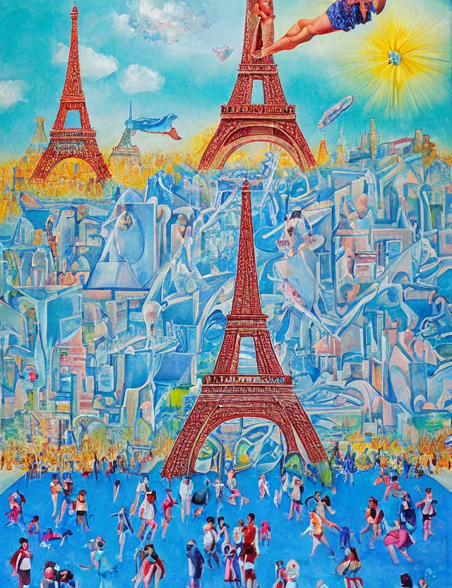 Image similar to a cubistic painting of a dancing ice sculpture eiffel tower in paris with melting ice cream of the paris skyline on a very sunny bright summer day, very hot and the ice is melting fast and people are swimming in the icecream in the style of james jean and fernando botero