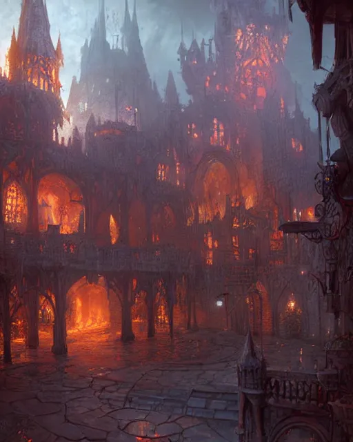 Prompt: robust fantasy castle courtyard burned to the groun, fiery ambient, uplifting mood, ultra realistic, sad, small buildings, highly detailed, epic lighting, illuminated, cinematic, morning, art by eddie mendoza