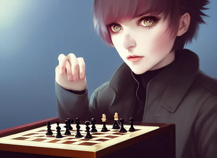 Image similar to a pale ilya kuvshinov playing chess, with golden eyes, straight sky blue hair, long bangs, black jacket, high collar, concept art, award winning photography, digital painting, cinematic, by wlop, anime key visual, wlop, 8 k, by ross tran, tom bagshaw, andy warhol