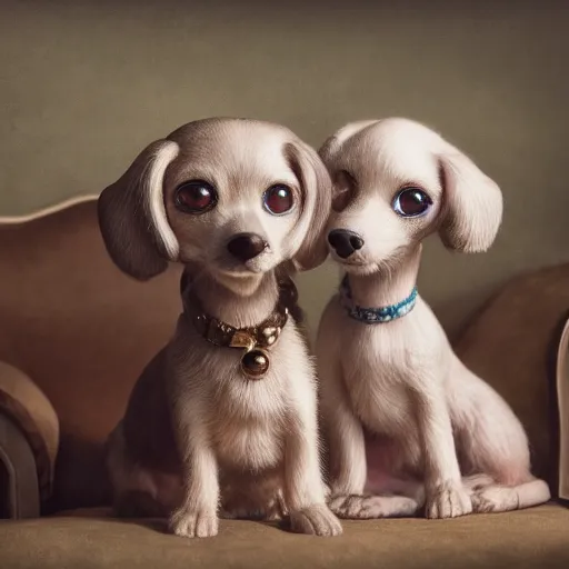 Image similar to closeup portrait of little dogs with bazooka retro living room of dog family, depth of field, zeiss lens, detailed, centered, fashion photoshoot, by nicoletta ceccoli, mark ryden, lostfish, breathtaking, 8 k resolution, extremely detailed, beautiful, establishing shot, artistic, hyperrealistic, octane render,