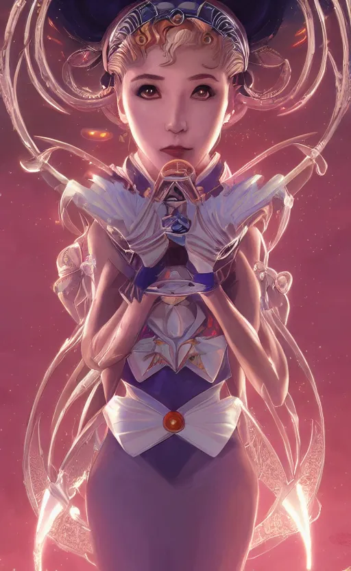 Image similar to symmetry!! portrait of sailor moon! alien in the style of horizon zero dawn, machine face, intricate, elegant, highly detailed, digital painting, artstation, concept art, smooth, sharp focus, illustration, art by artgerm and greg rutkowski and alphonse mucha, 8 k