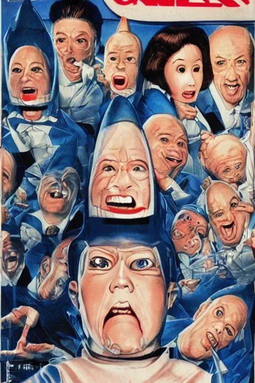 Image similar to coneheads, japanese vhs cover art, detailed facial expressions