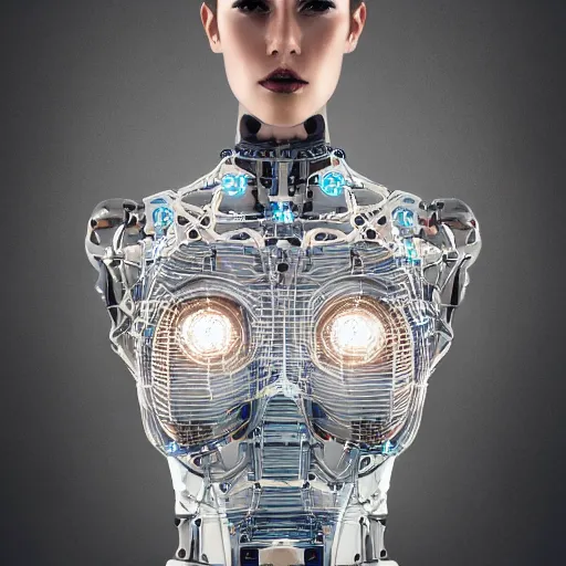 Prompt: beautiful centered fine art photo portrait of romantic beautiful girl with solarpunk robotic humanoid metal mechanical parts with led lights, pudica pose, photorealistic, white background, highly detailed and intricate, soft box lighting, hdr 8 k