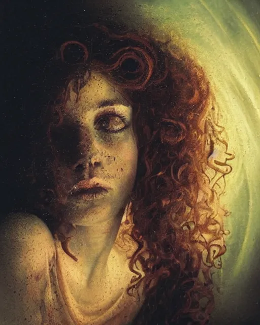 Prompt: a beautiful and eerie baroque painting of a gorgeous young woman in dead space, with wild curly hair and haunted eyes and freckles, 1 9 7 0 s, seventies, space station, neon light showing injuries, delicate ex embellishments, painterly, offset printing technique