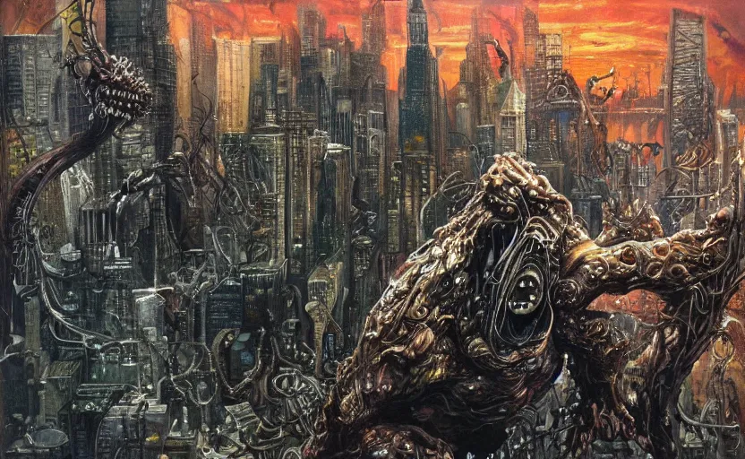 Prompt: an oil painting of biopunk aether monster that consumes new york city in style of lovecraftian horror by simon bisley